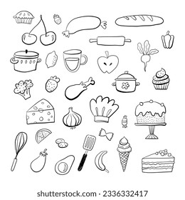 Food doodle hand drawn sketch symbols and objects. Set of kitchen and cooking elements. Vector illustration. Can be used for wallpaper, pattern fills, textile, web page background, surface textures.