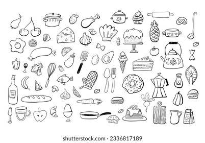 Food doodle hand drawn sketch symbols and objects. Set of kitchen and cooking elements. Vector illustration. Can be used for wallpaper, pattern fills, textile, web page background, surface textures.