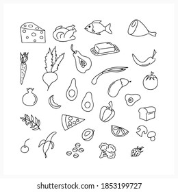 food Doodle icon set isolated on white. Hand drawn line art. Sketch vector stock illustrations. EPS 10