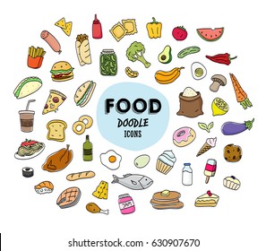Food doodle icons set. Hand drawn cafe and restaurant icons with fast food, vegetables, fruits, and desserts.