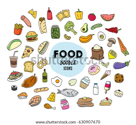 Food doodle icons set. Hand drawn cafe and restaurant icons with fast food, vegetables, fruits, and desserts.