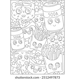 página do livro de coloração de kawaii de doodle de comida para crianças e adultos de coloração criativa de atenção à atividade de relaxamento