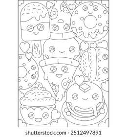 página do livro de coloração de kawaii de doodle de comida para crianças e adultos de coloração criativa de atenção à atividade de relaxamento