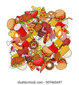 Food doodle. many feed. Pile sign of meat. Pizza and tacos. French fries and  hamburger. Hotdog and cookies. Baked turkey and watermelon. Pork and cake. Donuts and dumplings
