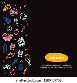 Food doodle menu design. Isolated vector illustration on dark background. Restaurant menu promotion