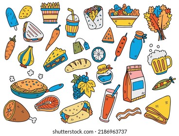 objetos de doodle alimentarios ilustración vectorial para banner, afiche, volante