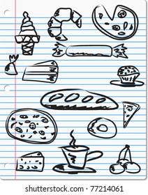 food doodle on paper, vector