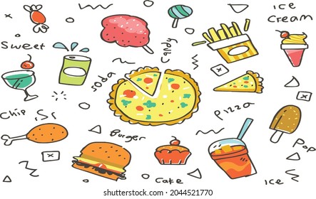The food doodle set is functional. Vector illustration. Perfect for creating menus or food packaging.