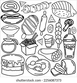 Food doodle vector ilustration. food and drink icon. food and drink logo, suitable for sticker set, icon, logo. and graphic design element. Black and white food vector