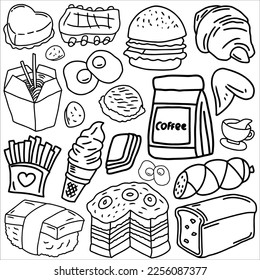 Food doodle vector ilustration. food and drink icon. food and drink logo, suitable for sticker set, icon, logo. and graphic design element. Black and white food vector