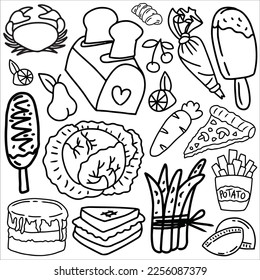 Food doodle vector ilustration. food and drink icon. food and drink logo, suitable for sticker set, icon, logo. and graphic design element. Black and white food vector