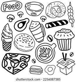 Food doodle vector ilustration. food and drink icon. food and drink logo, suitable for sticker set, icon, logo. and graphic design element. Black and white food vector