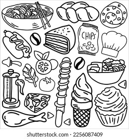 Food doodle vector ilustration. food and drink icon. food and drink logo, suitable for sticker set, icon, logo. and graphic design element. Black and white food vector