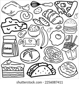 Food doodle vector ilustration. food and drink icon. food and drink logo, suitable for sticker set, icon, logo. and graphic design element. Black and white food vector