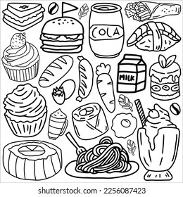 Ilustración vectorial del doodle de comida. icono de comida y bebida. logotipo de comida y bebida, adecuado para conjunto de emoticones, icono, logotipo. y el elemento de diseño gráfico. Vector de alimentos en blanco y negro