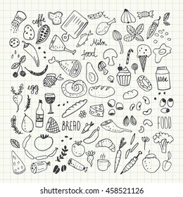 Food doodles collection. Hand drawn vector icons. Freehand drawing