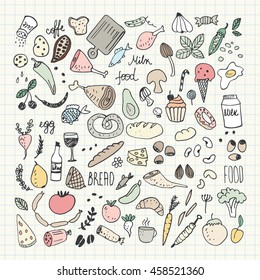 Food doodles collection. Hand drawn vector icons. Freehand drawing