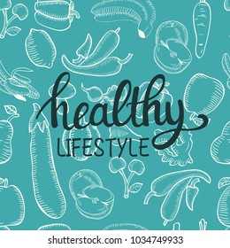 Food doodles collection White on a turquoise background. Vector doodle pattern hand drawn Organic fruits and vegetables and  Lettering text healthy lifestyle.