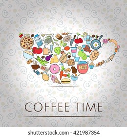Food doodles hand drawn vector symbols and objects in form of coffee cup