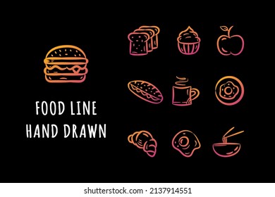 Food doodles icon set hand drawn gradient cartoon collection for restaurants, cafe, menu, textile print, web, graphic design illustration