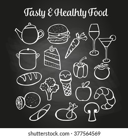 Food doodles on a chalkboard. Can be used to illustrate restaurant menus or advertising leaflets.