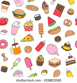 Food doodles seamless pattern on white background