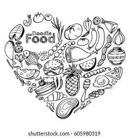 food doodles set, Hand drawn Icons set in the shape of heart