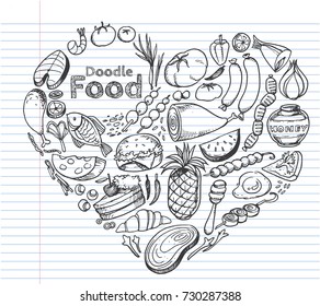 food doodles set, Hand drawn Icons set in the shape of heart  on lined notebook paper