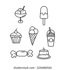 Food Doodles Set. Ice cream, cupcake, drink, whipped cream, candy, cake