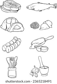 Food doodles set. Vector food hand drawn line icons. Japan foods, Fish, Sushi - black and white, black line vector