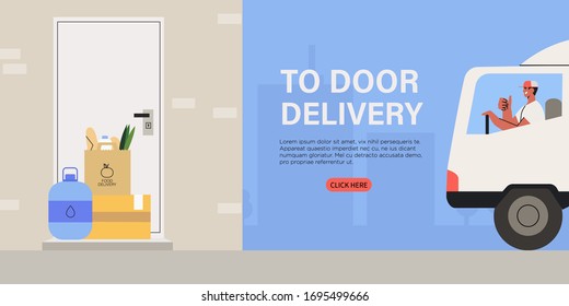 Food to the door contactless or no contact delivery service internet banner or advertisement. Courier delivery man on truck bring products from supermarket, grocery, restaurant people ordered online.