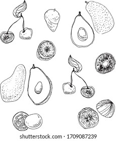 Food drawing Fruit scetch vector design Sliced fruits collection Organic food Hand drawn chopped fruit vector illustration Natural summer Healthy food clipart Sweet cherry Kiwi Avocado Berry set