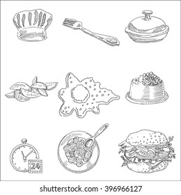 Food drawings with chef hat or cap, fried eggs, click, potato chip fries, 
, plate and spoon, in sketch hand drawn style
, for restaurant and  cafe business design
