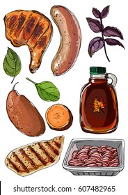 Food drawn by a line on a white background. Products. Chicken ham, sausage, basil, sweet potato, chicken breast, minced meat, maple syrup