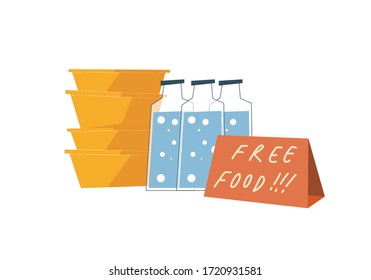 Food and dring for sharing to homeless and unemployed who effected by Coronavirus, COVID-19 illnesss. Flat style vector illistration of food box and bottle of water to give for free.  