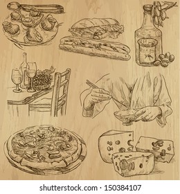 Food and drink around the World (part 2). Collection of hand drawn illustrations (originals, no tracing). Description: Each drawing comprise of two layers of outlines, colored background is isolated.