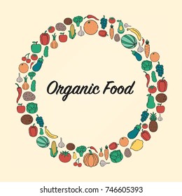 Food and Drink background. Organic food. Fruits and vegetables. Healthy eating concept. Vector 