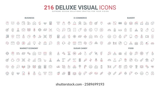 Food and drink, bakery and cereal products from oven, market economy, ecommerce line icon set. Savings and online sales, economic growth thin black and red outline symbols vector illustration