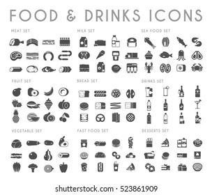 Food and drink black vector icons set. Meat, milk, bread, seafood, fruits, vegetables, alcohol fast food dessert