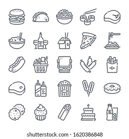 Food and Drink bold line icon set. Fast food linear icons. Meal and beverage outline vector sign collection.