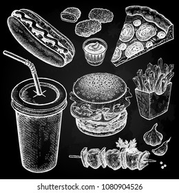 Food and drink. Burger, fries, pizza, nuggets, kebabs, garlic, ketchup, hot dog isolated. Designed for fast food restaurants and cafes. Vector illustration art set. White chalk on black board.