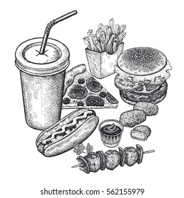 Food and drink. Burger, fries, pizza, nuggets, kebabs, hot dog, ketchup, beverage isolated on white background. Designed for fast food restaurants, cafes. Vector illustration art set. Black and white
