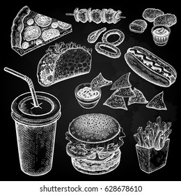 Food and drink. Burger, fries, pizza, nuggets, kebabs, garlic, ketchup, hot dog isolated white chalk on black board. Designed for fast food restaurants and cafes. Vector illustration art set.