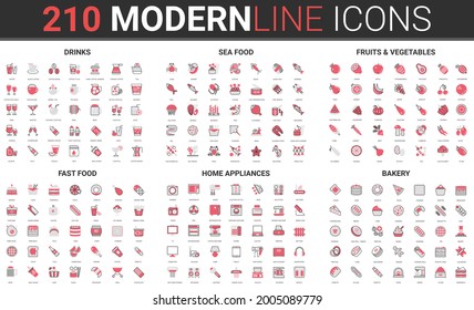 Food drink cafe menu, summer fruit vegetable, seafood and fastfood thin red black line icon vector illustration set. Linear pictogram collection of kitchen home appliances, bakery shop editable stroke