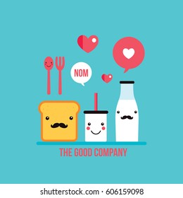 Food Drink cartoon characters Milk Glass and Bottle Toast bread