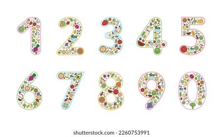 Food and drink collage design from numbers. Latin alphabet numbers from 1 to 0. Logo, corporate identity, app, creative poster and more.