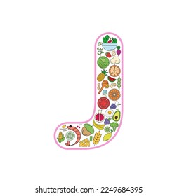 Food and drink collage icon set from letter J. Vector set of essential allergens and diet line icons. Editable food icon set.