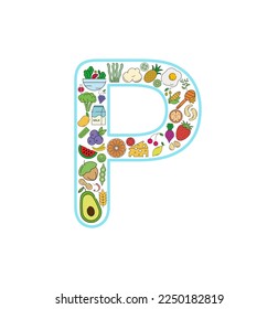 Food and drink collage icon set from letter P. Vector set of essential allergens and diet line icons. Editable food icon set.