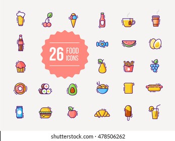 Food and drink colorful outline icons in flat style