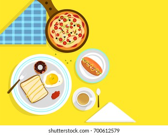 Food and drink concept with brakefast food items.